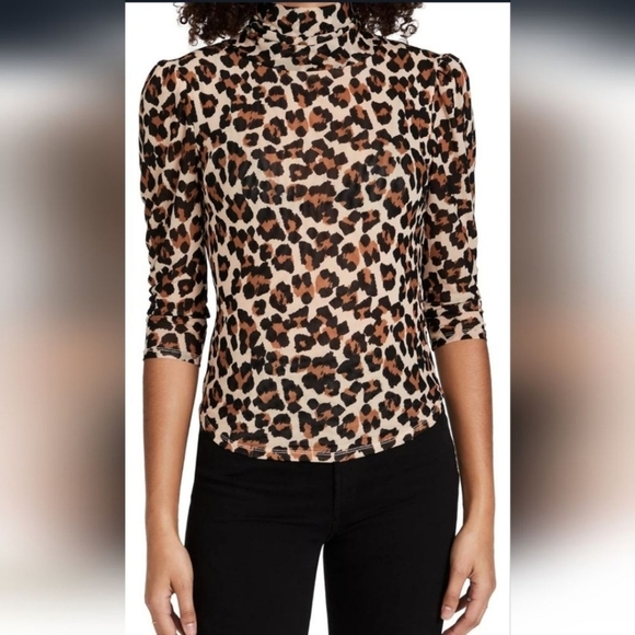 FREE PEOPLE Gather Mesh Turtleneck Leopard Print 3/4 Sleeves Small - Picture 7 of 7